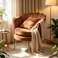 Fauteuil lounge haut de gamme en velours marron nordique, dossier en forme de pétale, pieds en métal doré, pour la maison, le salon, l'hôtel