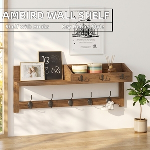 Porte-manteau mural vintage en bois grainé avec 1 étagère, 5 crochets doubles et porte-clés pour l'entrée - Product Image 6