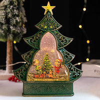 Linterna musical LED con forma de árbol de Navidad, diseño plano hueco, con escena de castillo y purpurina giratoria, adorno de mesa