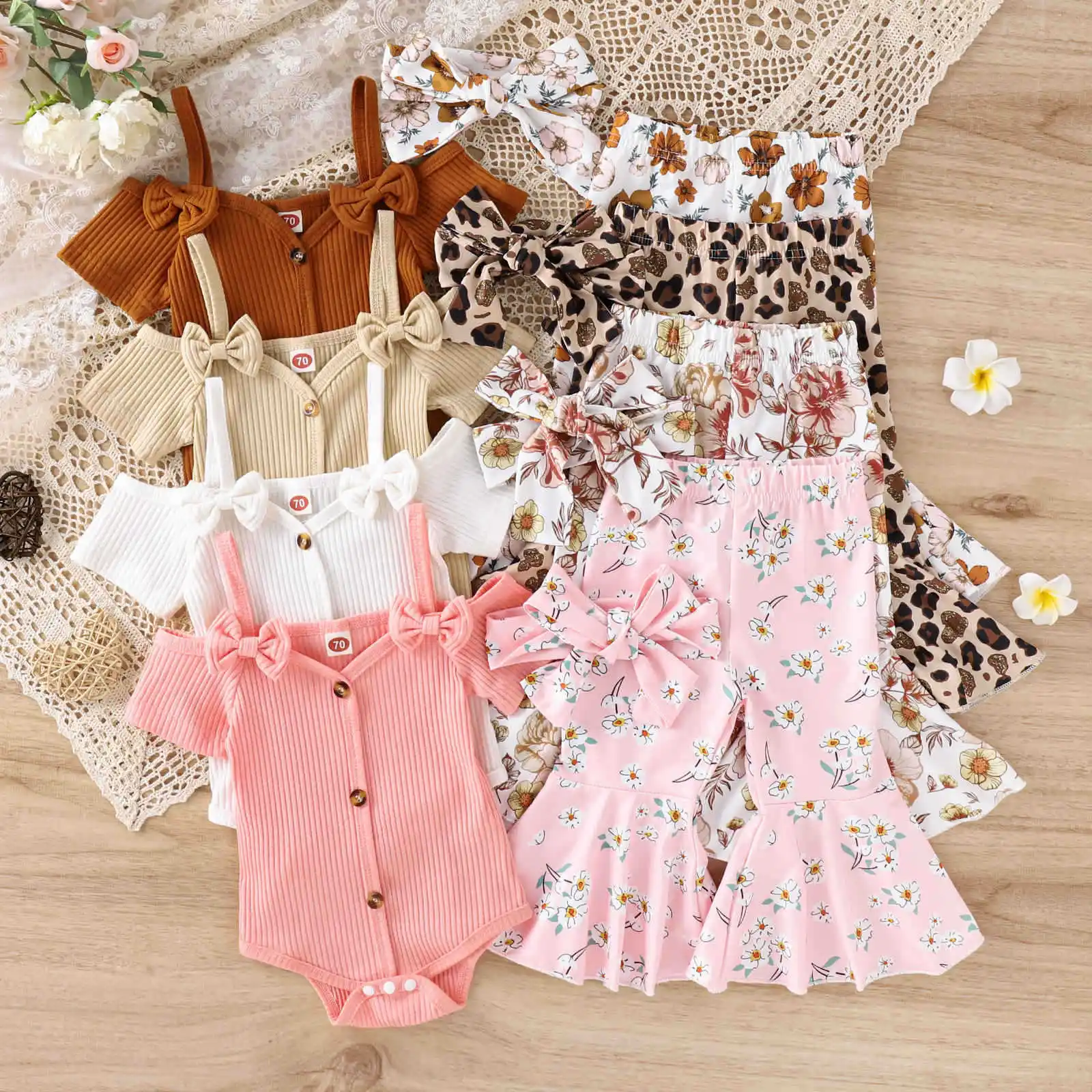 Green Horizon Summer Four Color Pit Stripe Suspender Romper Butterfly designer baby clothes Printed Bell Pants girls' sets