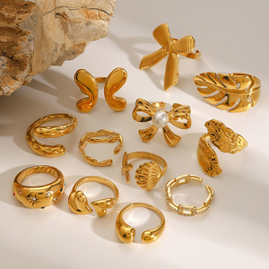 Yueli Fashion <b>Rings</b> <b>Set</b> <b>Gold</b> Tone Bowknot Leaf Geometric Design Unisex Jewelry Gift - Product Image 4