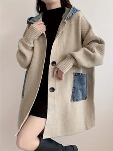 Manteau en jean élégant et décontracté pour le quotidien, long, coupe oversize, à manches chauve-souris, épais, chaud, à capuche, moelleux, boutonné, avec poches, pour l'automne - Product Image 2