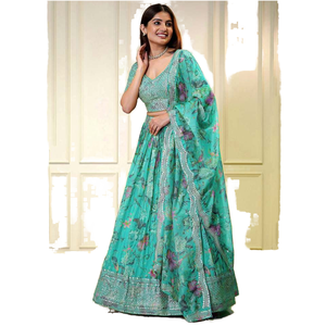 Exquisite <b>Turquoise</b> Sequins Organza Wedding Apparel-Lehenga Choli - Product Image 1