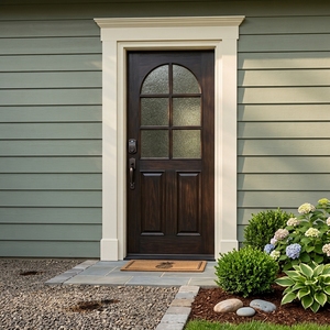 Puerta principal de estilo americano que combina paneles de madera y vidrio curvo, con una elegante cerradura inteligente para mayor seguridad. - Product Image 3