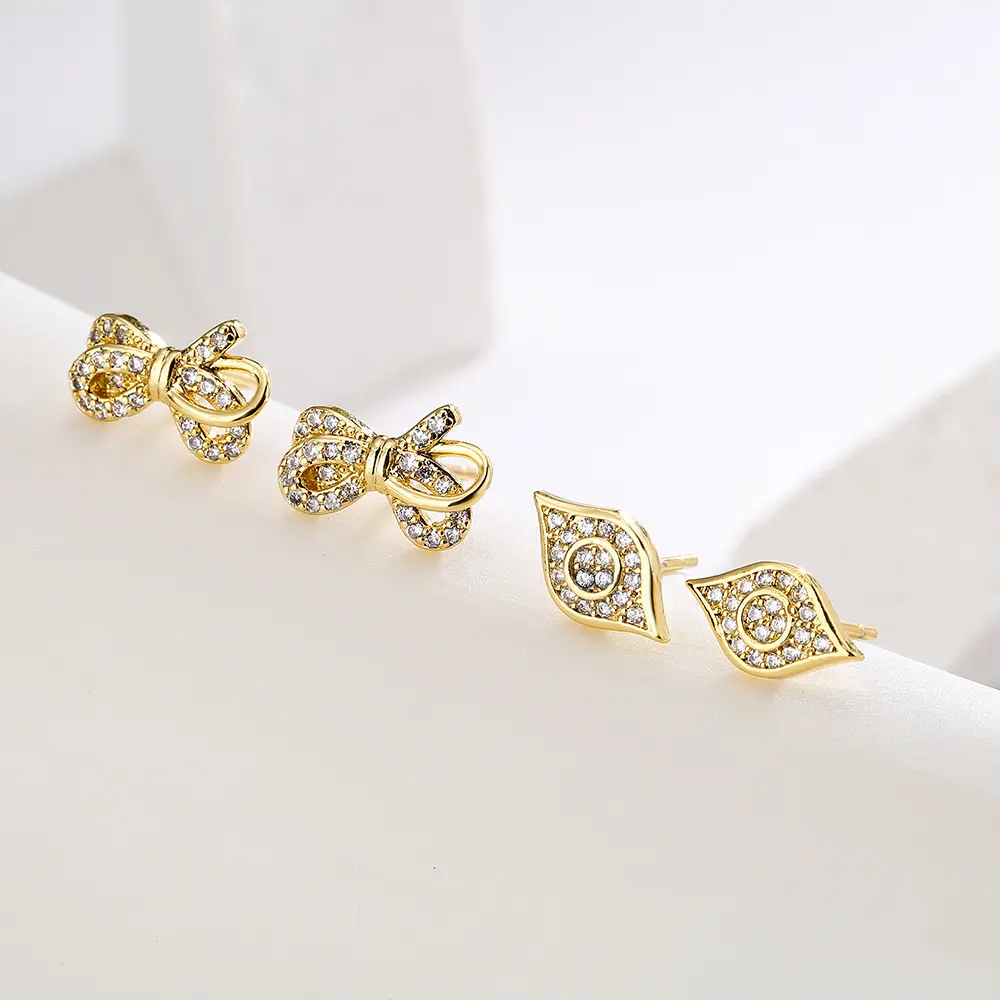 Aogu 18K Gold Plated Zircon Bow Eye Stud Earrings INS Niche Mini Earrings