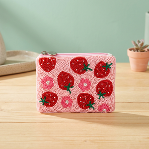 Monedero de algodón hecho a mano con cuentas y fresa bordada, mini bolsa cuadrada rosa con cremallera para monedas, ideal para regalo de fiesta - Product Image 3