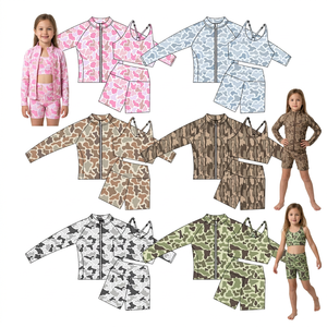 Conjuntos de Yoga de 3 Piezas Personalizables para Niñas, Estampado de Camuflaje, Chaqueta con Cremallera de Manga Larga/Top sin Mangas + Pantalones Cortos, Ropa Deportiva Suave y Transpirable para Niños - Product Image 1