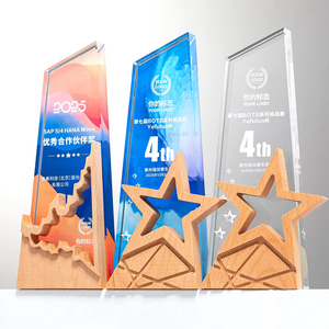 Trophée en cristal UV <span class=keywords><strong>personnalisé</strong></span> HBL avec impression couleur intégrale et gravure, base en bois, cadeau d'affaires avec étoile - Product Image 3