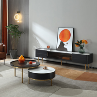 FA0017 — meuble de salon rond doré, table basse de luxe avec support tv, ensemble