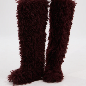 <strong>Womens</strong> <strong>Burgundy</strong> Faux Poodle Fur Over the Knee <strong>Boots</strong> Winter Flat <strong>Boots</strong> - Product Image 3