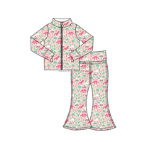 Vêtements de sport pour enfants à imprimés floraux personnalisés, pantalon évasé, veste zippée intégrale, vêtements de sport actifs, ensemble de tenue de yoga pour filles en 2 pièces