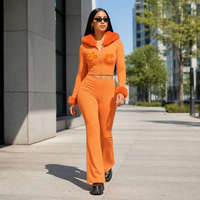 Ensemble de vêtements décontractés personnalisés Y2k, col en fourrure, strass, sweat-shirt à fermeture éclair en deux parties, pantalon évasé, pour femmes