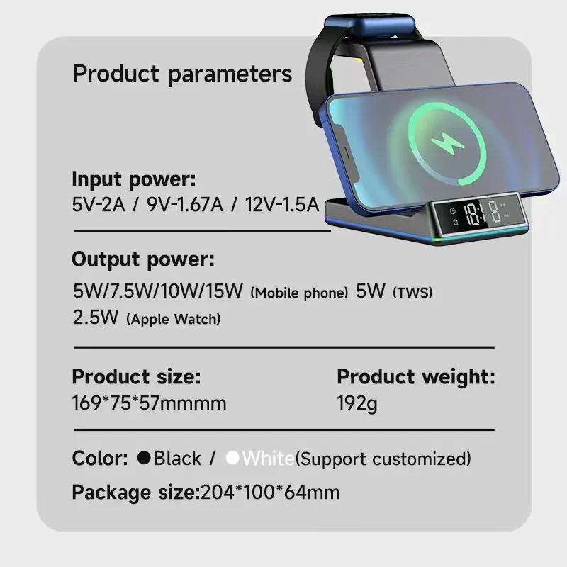 Chargeur sans fil 15W 3-en-1 à charge rapide avec horloge et alarme pour téléphone portable, support magnétique multifonctionnel pour téléphone portable