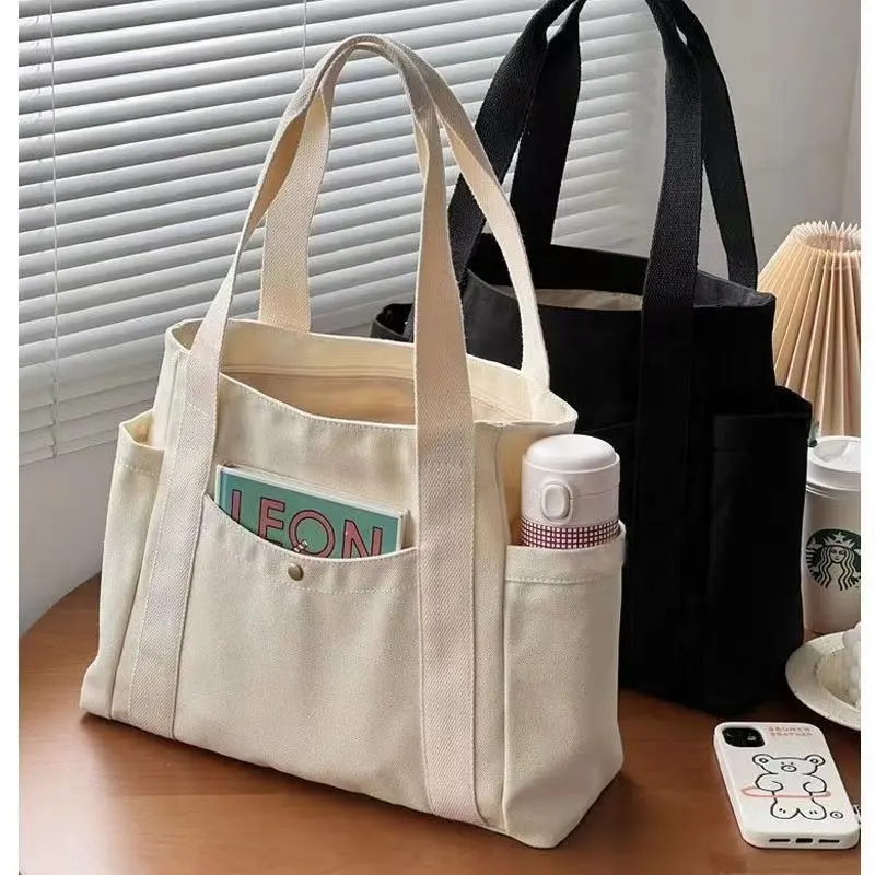 Bolso de compras de algodón reutilizable en blanco ecológico con múltiples bolsillos, bolsos de mano lisos de lona con logotipo para mujer, comestibles de hombro