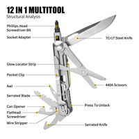 Couteau multifonction EDC Xhandle MT-64 12-en-1 avec lame de scie en acier 7Cr17, ciseaux 440A, jeu d'embouts de tournevis et tige de ferrocérium pour affûtage
