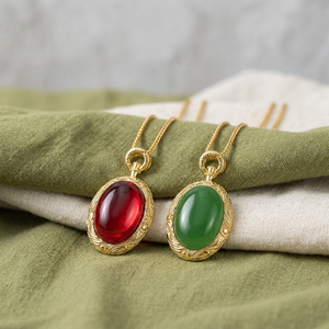 9 Wholesale imitation jadeite <b>Ruby</b> jewelry Copper Gold Plated Smooth 18*25MM Oval Cut cubic zirconia pendant <b>necklace</b> - Product Image 4