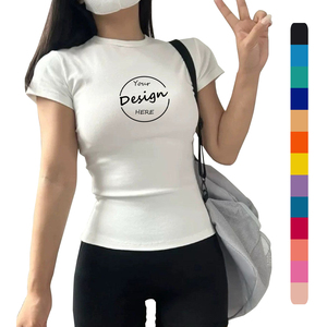 เสื้อยืดผ้าฝ้าย95% 5% สแปนเด็กซ์แบบครอปทรงสลิมฟิตเสื้อเอวลอยสำหรับผู้หญิงเสื้อ180gsm พิมพ์โลโก้แบบกำหนดเอง - Product Image 1