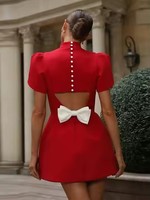 Femme 2025 mode fête Robe de soirée femmes rouge col rond à manches courtes taille haute a-ligne robes élégant nœud Hallow Out Mini Robe