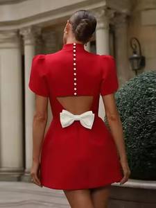 Abito da sera da donna 2025 moda moda donna rosso girocollo a vita alta abiti a trapezio Mini abito elegante con fiocco - Product Image 4