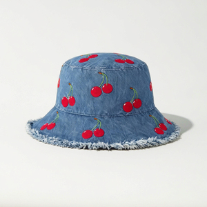 New Style Cute <strong>Fruit</strong> Cartoon Women's Velour Denim <strong>Bucket</strong> <strong>Hat</strong> Cherry Embroidery for Four Seasons Casual Sports Outdoor Travel - Product Image 1
