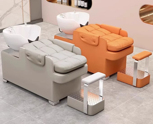 Cama de lavado de cabello semireclinable para salón con lavabo cerámico y pedal de llenado de agua, sofá reclinable para lavado de cabello en peluquería - Product Image 1