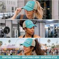 Casquette de baseball pour femme style trucker à queue de cheval effet vieilli, dos en maille, brodée, réglable, logo personnalisé, OEM, vente en gros, faible MOQ