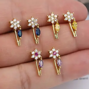Fashion 14k gold flower cz sapphire marquise cut peridot stud earrings