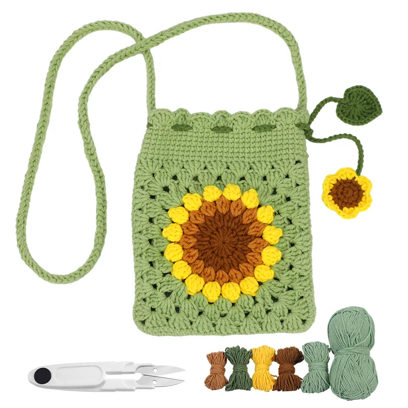 Wholesale diy crochet kit hand bag High Quality Green Woven knitting crochet bag handmade