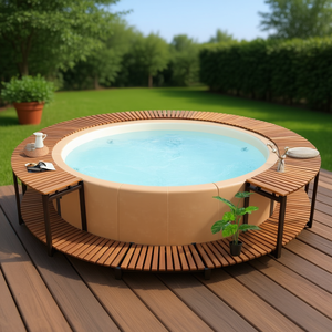 Environnement de spa marron pour baignoires de spa rondes en cèdre, autoportantes, avec terrasse de relaxation - Product Image 2
