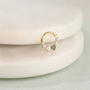 16G Gold Flat Back Heart Water Moss Agate Zircon <b>Hoop</b> <b>Rook</b> Daith Earring S925 Sterling Silver - Product Image 3