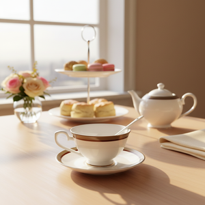 Service à thé élégant en porcelaine fine avec soucoupe, bordure or et rouge, écologique, durable, portable, vaisselle haut de gamme pour café et repas raffinés - Product Image 1