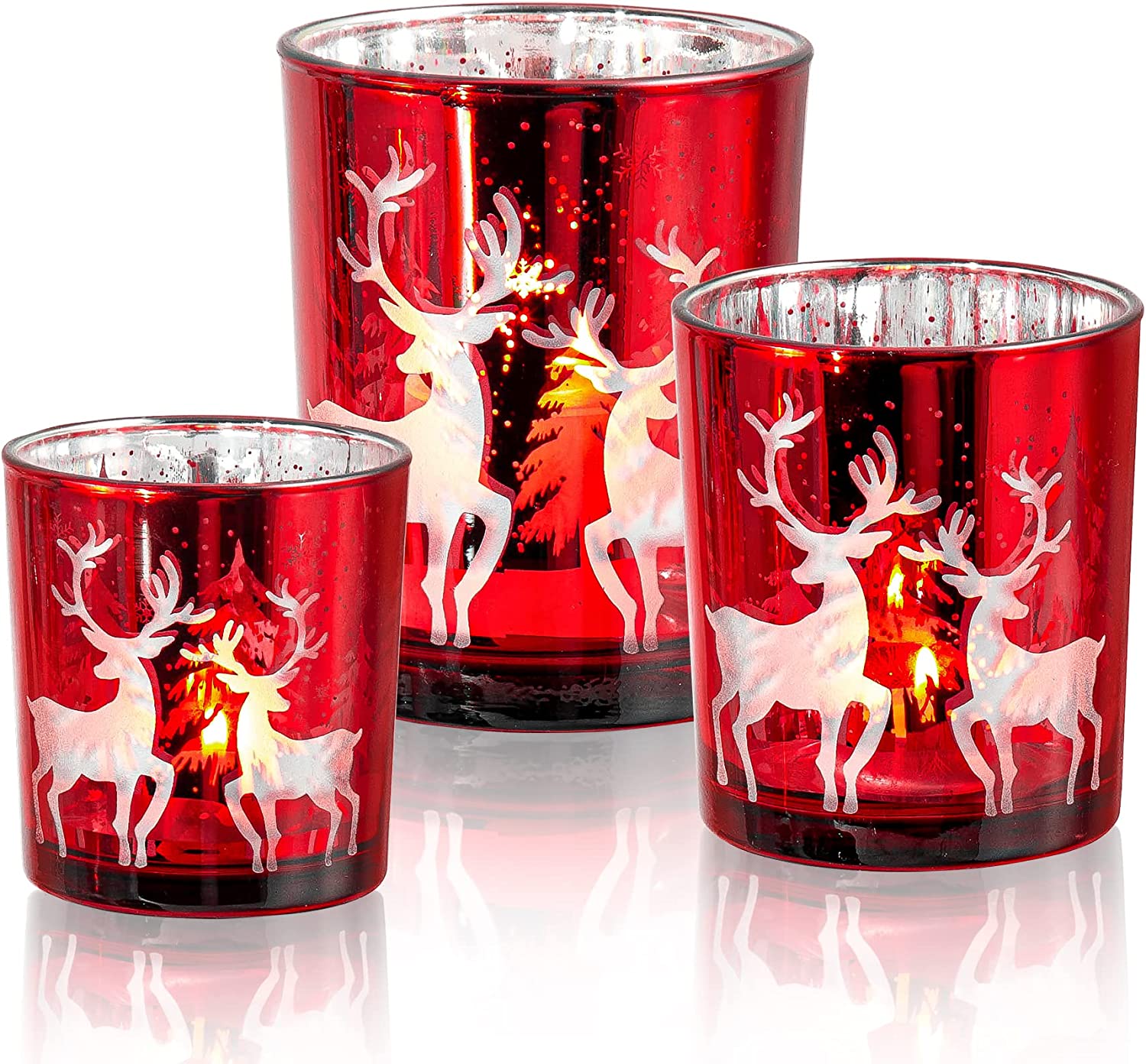 Christmas Votive Candle Holders Set of 3, Glass Tea Light Holder for Christmas Holiday Wedding Party