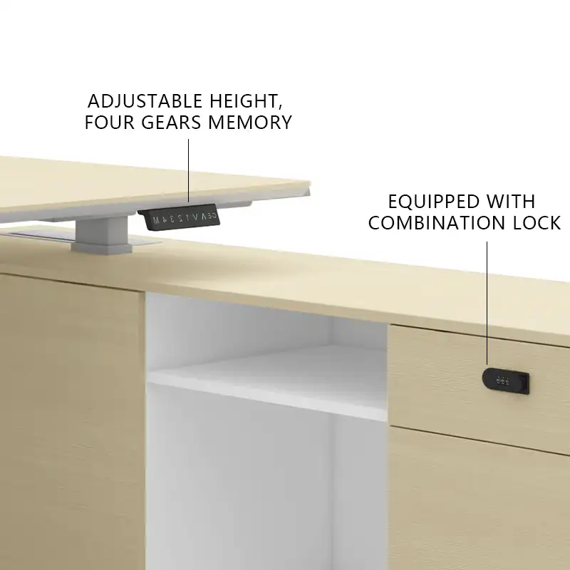 โต๊ะเฟอร์นิเจอร์ที่ทันสมัยโต๊ะทำงานผู้บริหารการออกแบบบ้านหรูสีขาวความสูงคอมพิวเตอร์ L รูปร่างปรับโต๊ะทำงาน