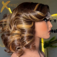 Perruque de Cheveux Humains Bob Pixie Courte et Bouclée 12A Blond Miel avec Highlights Roses, Tissage 5*5 Lace Front, Densité 200%, Cheveux Remy pour Femmes Noires