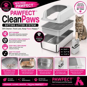 กระบะทรายแมว Pawfect Cleanpaws แบบกรองเศษขยะ สแตนเลส ขนาด XL 23.6x15.7x11.8 นิ้ว สีเทาและสีเงิน ดีไซน์ทันสมัย - Product Image 3