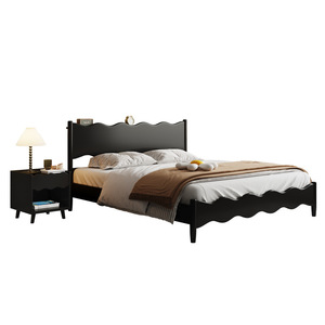 Cama Doble Negra de Madera Maciza de Estilo Nórdico de 1.8 m, Cama Moderna Minimalista con Diseño de Ondas, Cama Matrimonial, Cama de Boda, Muebles Retro - Product Image 4