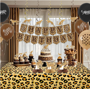 Décorations de fête d'<span class=keywords><strong>anniversaire</strong></span> sur le thème du guépard : bannière joyeux <span class=keywords><strong>anniversaire</strong></span>, serpentins, spirales, décorations de cupcakes, décorations de gâteaux, ballons, centre de <span class=keywords><strong>table</strong></span> en nid d'abeille, nappe - Product Image 2