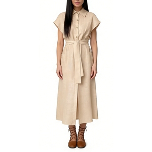 Robe chemise en lin beige pour femme, manches courtes, ceinture, robe maxi avec fente latérale et poches, mode décontractée d'été - Product Image 5