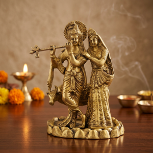 Statue artisanale traditionnelle Art Déco en laiton et aluminium de Radha Krishna avec vache, pour salon ou mariage, 10,5 pouces - Product Image 5