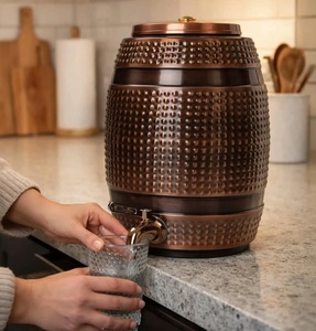 <b>Barrel</b>-Shaped Pure Copper Eco-Friendly <b>Water</b> Dispenser with Lid Vintage Style Large Capacity Home Use - Product Image 2
