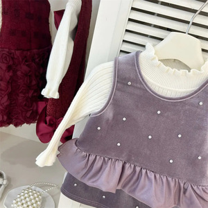 Tongxingyuan Girls Winter Outfit Purple Rhinestone Top Fleece Lined Midi Skirt Set Thickening Cotton Children's Clothing - Product Image 3