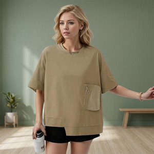 Women's Light Blue Regular Crew Neck Short Sleeve <b>T</b>-<b>Shirt</b> Pocket Regular Fit Breathable 100% Organic Cotton Flock Print - Product Image 6