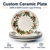Nouvel ensemble d'assiettes plates en porcelaine fine imprimée personnalisée, vaisselle de restaurant en grès, assiettes de Noël en céramique à prix abordable