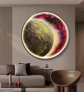 Quadro da parete moderno con design a <span class=keywords><strong>luna</strong></span>, cornice rotonda in lega di alluminio, luce LED, personalizzabile, pittura a cristalli di porcellana ad acquerello. - Product Image 5