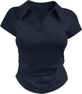 <span class=keywords><strong>Polo</strong></span> tricoté décontracté d'é<span class=keywords><strong>t</strong></span>é personnalisé avec logo OEM pour <span class=keywords><strong>femme</strong></span>, style vintage, respirant, léger, col en V, manches courtes - Product Image 5