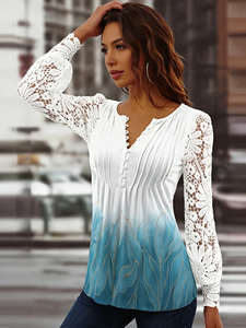 เสื้อเบลาส์ลูกไม้แขนยาวคอวีสำหรับผู้หญิงไซส์ใหญ่ สีขาวไล่เฉดสีน้ำเงิน เสื้อเฮนลีย์ลำลองสำหรับฤดูใบไม้ผลิ - Product Image 3