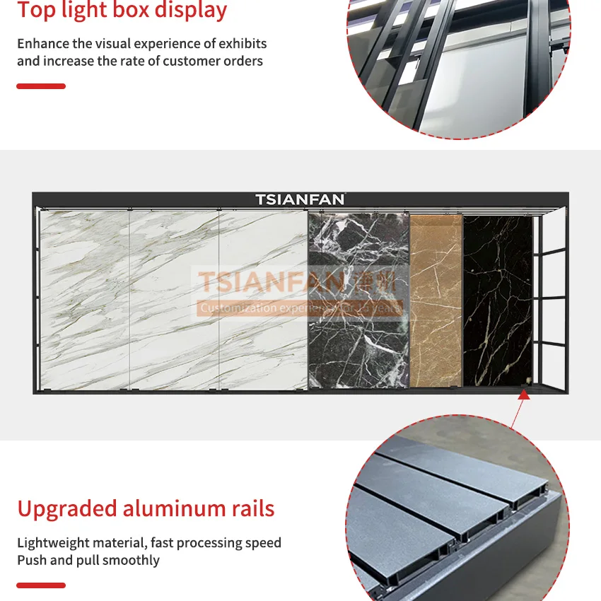 Tsianfan Custom Showroom Sample Slide Slab Horizontal Sliding Tile Metal Floor Stand Sintered Stone Display Rack