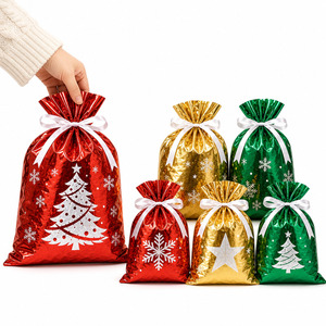 Custom Logo Christmas Foil Gift <b>Bags</b> Tree Snowflake Metallic Drawstring Pouch OEM ODM Factory Direct <b>Xmas</b> Party <b>Bag</b> Wholesale - Product Image 1