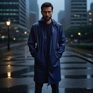 מעיל שחור שחור ארוך ומוצק עם מכסה מכסה מעיל גשם-פופולרי מאוד באירופה, הכולל איטום פונקציונלי. - Product Image 6