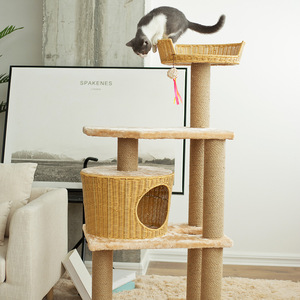 Árbol para gatos con casa de ratán, 4 niveles, poste rascador de cuerda de cáñamo para gatos - Product Image 2